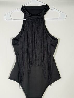 Women's Black Fringe Halter Bodysuit
